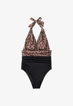Jednoczęściowy kostium kąpielowy w brązowo-czarny wzór w panterę, z regulowanym wiązaniem na szyi, czarnym marszczonym spodem i gładką teksturą.