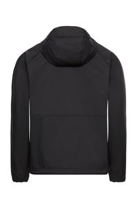 Veste noire à capuche avec manches longues, poignets élastiques, et détails de coutures, vue de dos sur fond blanc.