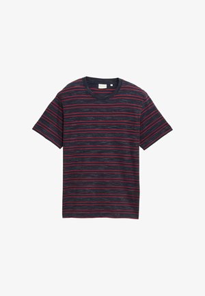 Tricou cu mânecă scurtă în nuanță de navy, cu dungi orizontale roșii. Are un guler rotund ribat și o croială lejeră. Material din bumbac cu finisaj texturat.