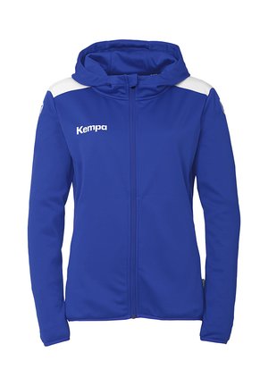 Royal blue zip-up hoodie med hætte, hvide skulderdetaljer og "Kempa" logo på forsiden. Fremstillet af blødt, fleksibelt stof.
