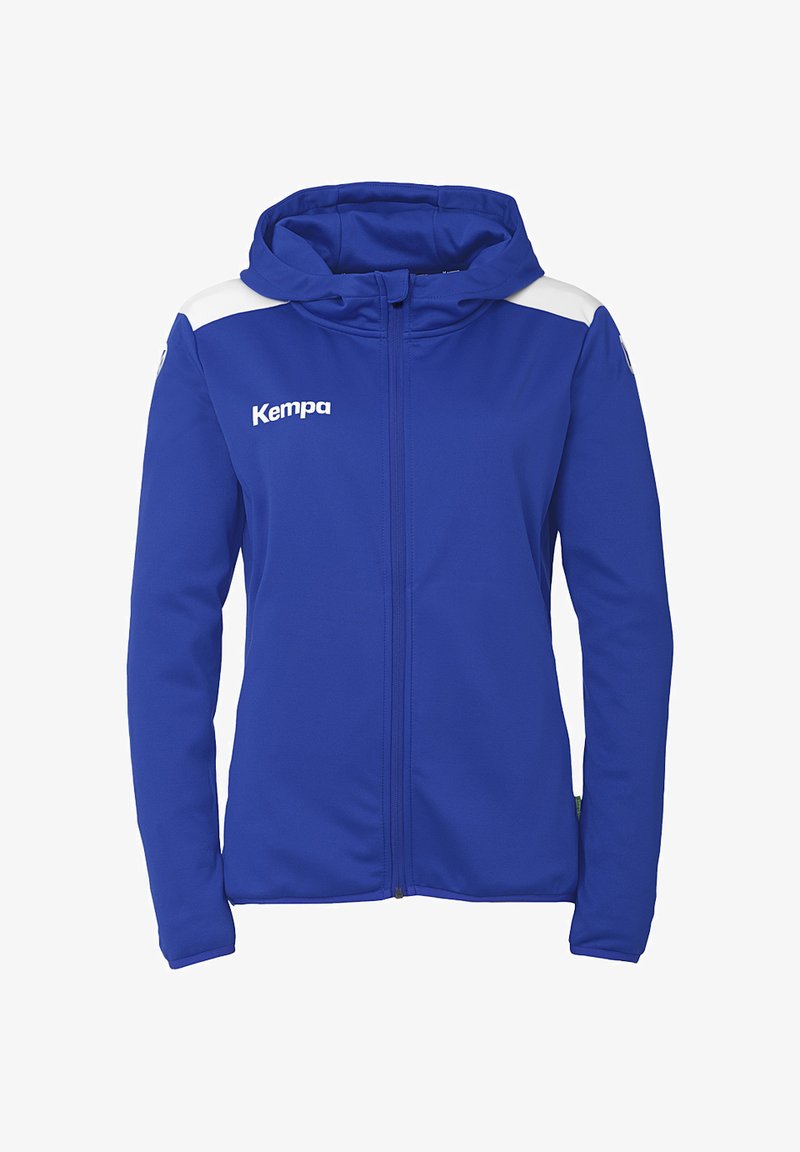 Koninklijk blauwe rits-hoodie met een capuchon, witte schouderaccenten en het "Kempa"-logo op de voorkant. Gemaakt van zachte, flexibele stof.