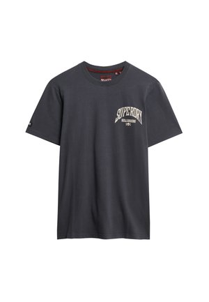 Dark gray cotton T-shirt with short sleeves, featuring "SUPERDRY" logo in cream, round neckline, and straight hem.