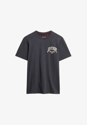 Donkergrijze katoenen T-shirt met korte mouwen, voorzien van het "SUPERDRY" logo in crème, ronde halslijn en rechte zoom.