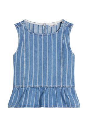 Ärmelloses blaues Denim-Top mit vertikalen weißen Streifen, rundem Ausschnitt, Knopfverschluss am Rücken und gerafftem Saum.