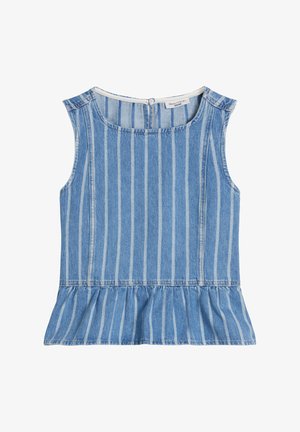 Ärmelloses blaues Denim-Top mit vertikalen weißen Streifen, rundem Ausschnitt, Knopfverschluss am Rücken und gerafftem Saum.