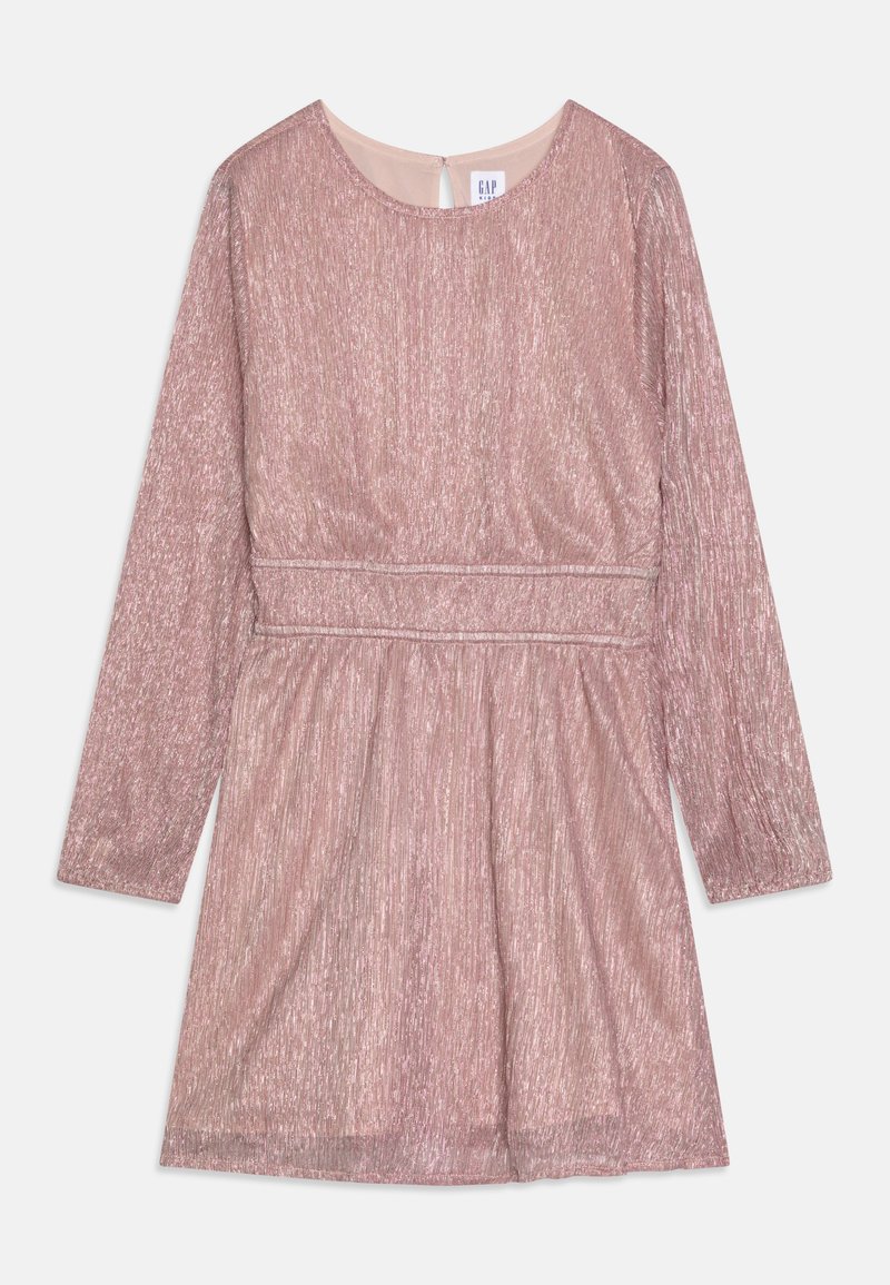 Skinande rosa långärmad klänning med smal midja, flödande kjol och en hals som stängs med en nyckelhålsöppning bak.