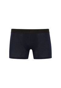Navy blue boxer shorts made of stretchy material, featuring a black branded waistband and a fitted design with a front pouch.