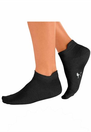 Black ankle socks made of thin, stretchy material. Features a ribbed cuff and a logo printed on the side.