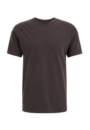 Korte mouwen, ronde hals t-shirt in donkerbruin katoen, met een standaard pasvorm en een soepele textuur, zonder patronen of accenten.
