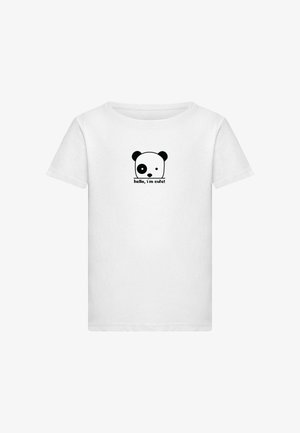 T-shirt en coton blanc avec un graphique de panda noir au visage rond et le texte "bonjour, je suis mignon !" en dessous. Manches courtes et design à col rond.