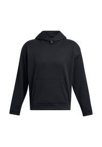 Schwarzer Kapuzenpullover aus weichem Material, mit einer Kängurutasche, gerippten Bündchen und einem kleinen Logo auf der Brust. Sauberes, minimalistisches Design.