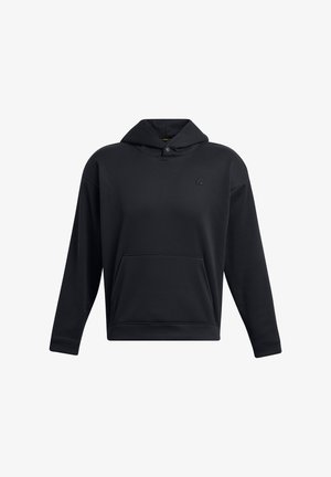 Black hooded sweatshirt in soft fabric, featuring a kangaroo pocket, ribbed cuffs, and a small logo on the chest. Clean, minimalist design.