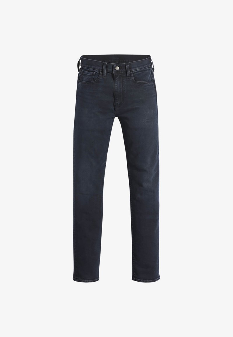 Dark blue denim jeans with a slim fit, five-pocket design, and metal hardware. Features subtle fading and stitching detail on pockets.