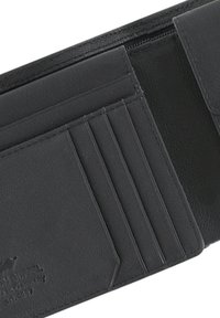 Portafoglio in pelle nera con molteplici scomparti per carte, un comparto con cerniera e dettagli testurizzati. Design rettangolare compatto per l'organizzazione.