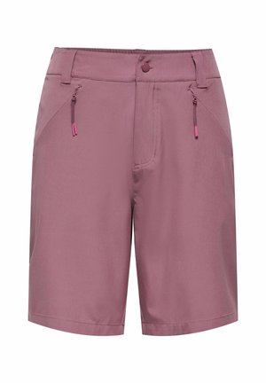 Shorts décontractés mauve avec fermeture éclair frontale, bouton, passants pour ceinture et poches latérales zippées avec tirettes roses.