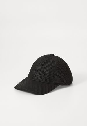 Black mesh baseball cap featuring a structured crown, curved visor, and embroidered logo on the front. Breathable texture throughout.