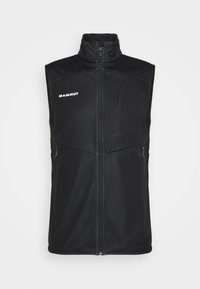 Zwarte vest met hoge kraag, gemaakt van softshellmateriaal. Voorzien van een voorkooprits en twee zijkleppockets met rits. "Mammut"-logo in het wit.