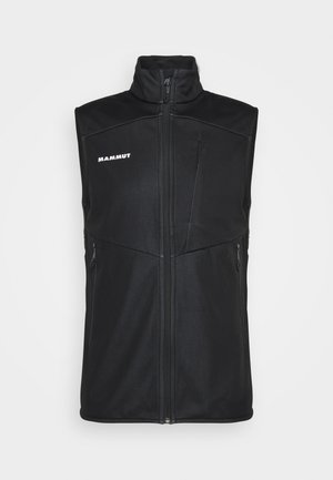 Gilet noir avec col montant, fabriqué en matériau softshell. Doté d'une fermeture éclair sur le devant et de deux poches zippées sur les côtés. Logo "Mammut" en blanc.