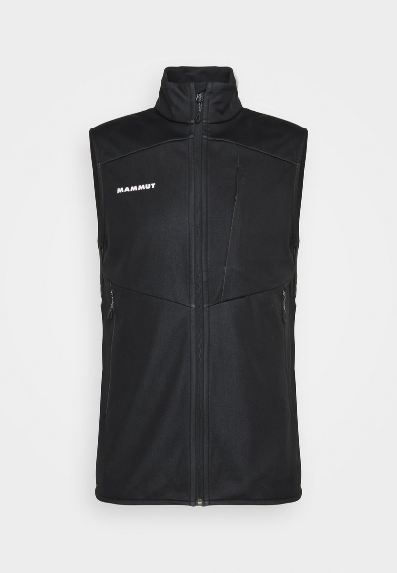 Zwarte vest met hoge kraag, gemaakt van softshellmateriaal. Voorzien van een voorkooprits en twee zijkleppockets met rits. "Mammut"-logo in het wit.