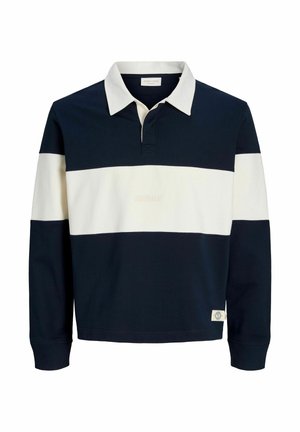 Langärmliges Rugbyshirt mit marineblauen und weißen horizontalen Streifen und weißem Kragen, mit einem kleinen Logo-Etikett nahe dem Saum.