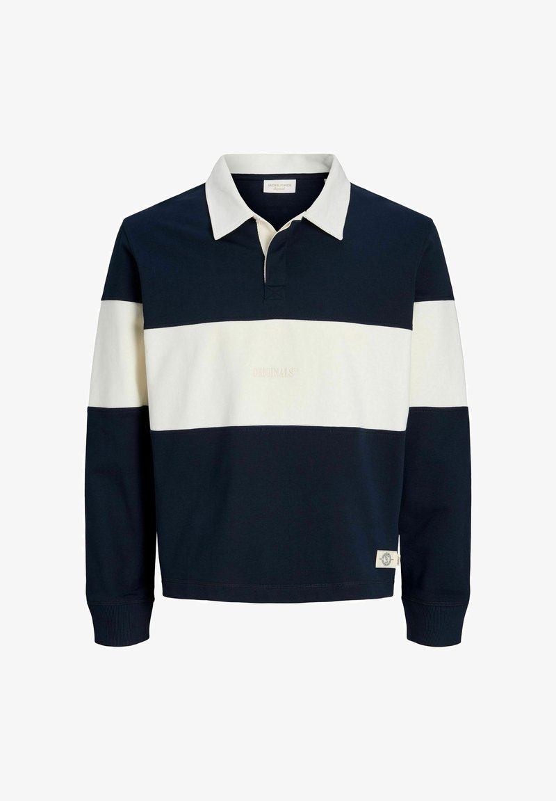 Maillot de rugby à manches longues avec des rayures horizontales bleu marine et blanches et un col blanc, avec une petite étiquette logo près de l'ourlet.