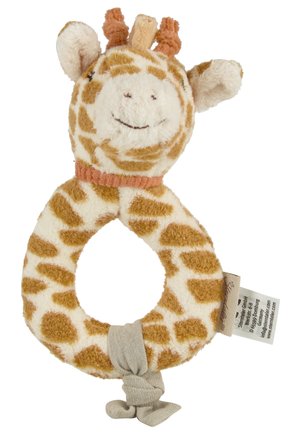 Giraffe-shaped baby rattle with soft, textured fabric featuring a beige and brown pattern, circular grip, and a knotted gray fabric accent.