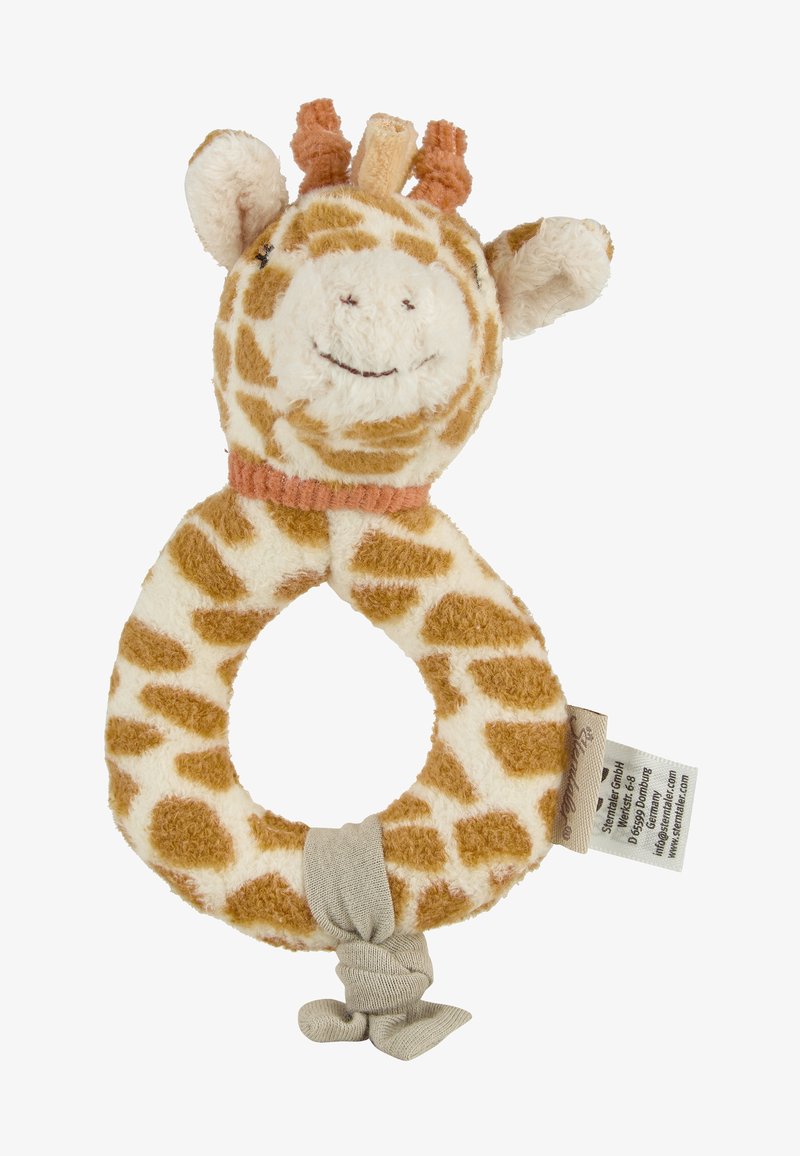 Giraffe-shaped baby rattle with soft, textured fabric featuring a beige and brown pattern, circular grip, and a knotted gray fabric accent.