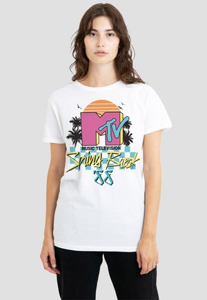 Weißes Baumwoll-T-Shirt mit einem bunten MTV-Logo, das "Music Television", einen Sonnenuntergang und Palmen zeigt, in einer lockeren Passform.