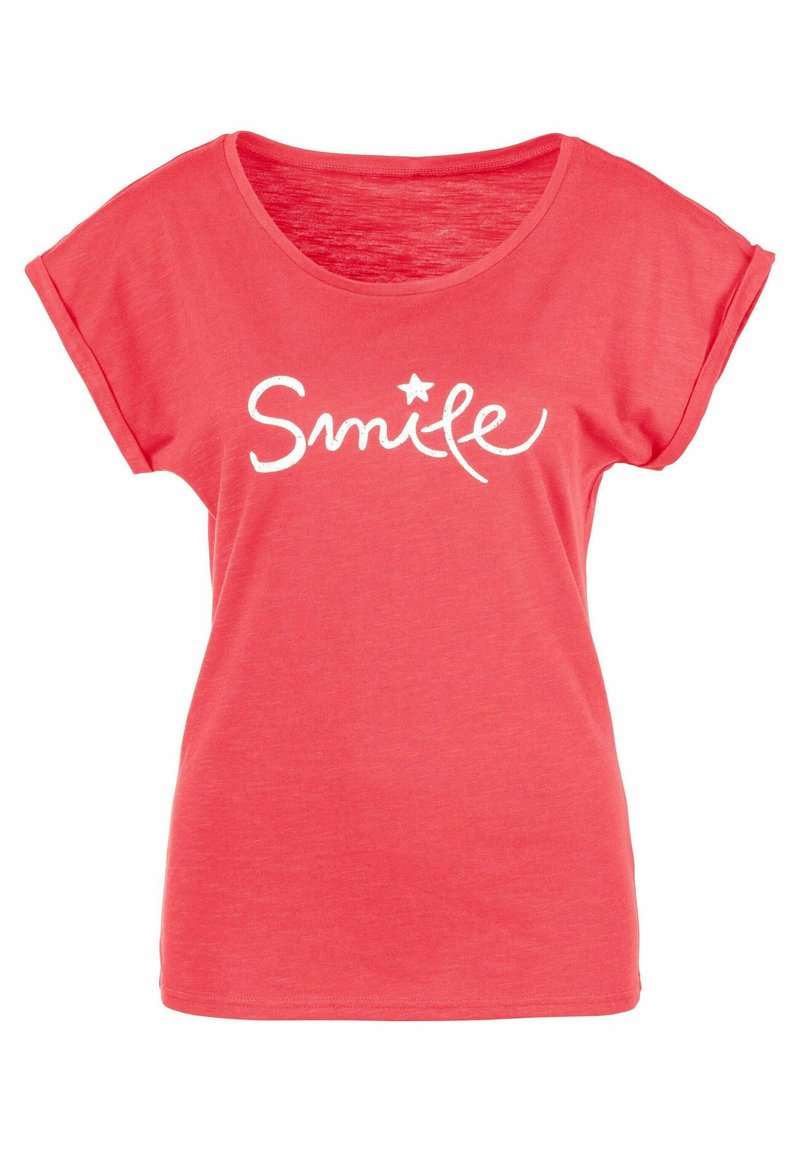 Koraļu īsām piedurknēm krekls, kas izgatavots no mīksta auduma, ar baltu "Smile" grafiku un zvaigznes akcentiem. Brīva piegriezuma unapaļa apkakle.