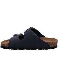 Navy blue slide sandal with a textured upper, cork footbed, and a metallic buckle accent. Features an open-toe design and rubber sole.