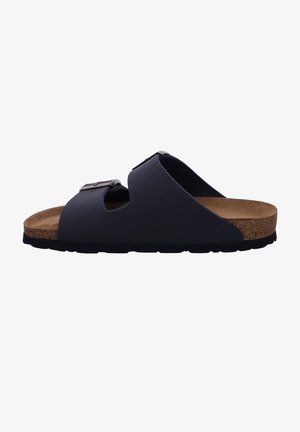 Navyblaue Rutschsandale mit strukturiertem Obermaterial, Korkfußbett und metallischem Schnallenakzent. Verfügt über ein offenes Zehen-Design und eine Gumm sole.