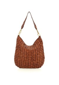 Borsa a tracolla in pelle intrecciata marrone con forma a hobo, caratterizzata da una parte superiore curva e una superficie texturizzata. Dettagli in metallo dorato sulla tracolla.