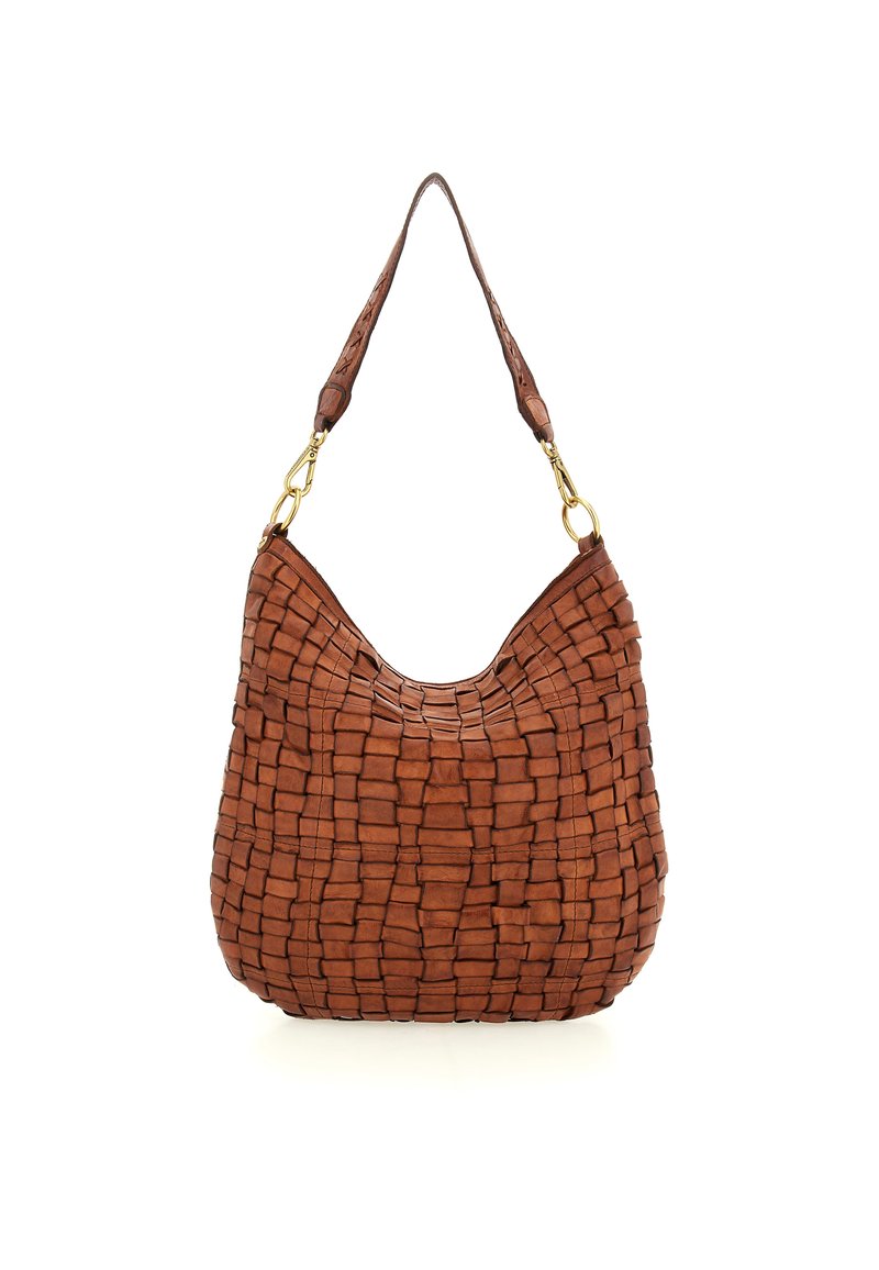 Borsa a tracolla in pelle intrecciata marrone con forma a hobo, caratterizzata da una parte superiore curva e una superficie texturizzata. Dettagli in metallo dorato sulla tracolla.