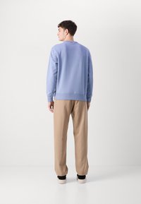 Lysblå sweatshirt med ribbede cuff og kant, parret med beige bukser, vist fra ryggen. Glat tekstur, afslappet pasform.