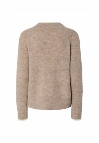 Pull en maille beige à manches longues avec un ourlet et des poignets côtelés, vu de dos sur fond blanc.