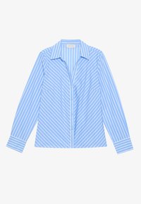 Light blue button-up shirt with white vertical stripes, long sleeves, a collar, and two front pockets. Smooth fabric with contrasting accents.
