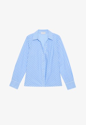 Light blue button-up shirt with white vertical stripes, long sleeves, a collar, and two front pockets. Smooth fabric with contrasting accents.
