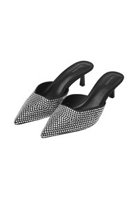 Mules noires à bout pointu avec une couche décorative de strass argentés, dotées d'un petit talon aiguille et d'un design arrière ouvert.