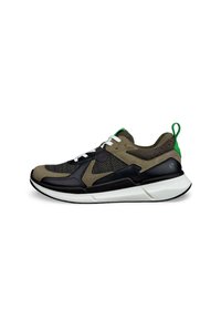 Lace-up sneaker with a black and olive green mesh upper, textured accents, white midsole, and a green heel tab.