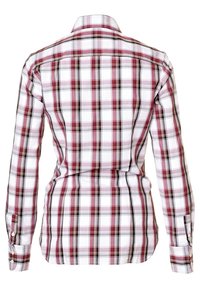 Camicia a maniche lunghe a quadri con un motivo a check bianco, rosso e nero, vestibilità aderente e polsini con bottone. Tessuto in cotone morbido con colletto standard.