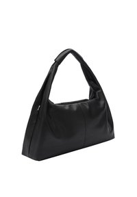 Czarna skórzana torebka o miękkim, uporządkowanym designie. Posiada unikalny, wydłużony uchwyt oraz minimalne detale szycia. Gładka faktura.