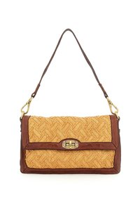 Borsa a mano in pelle marrone e paglia intrecciata con forma rettangolare, dotata di una chiusura tono oro e di una tracolla. Dettaglio della superficie testurizzata.