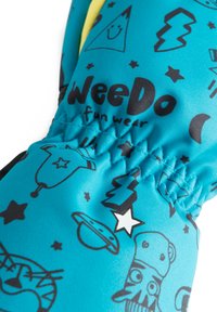 Guanto da bambino di un blu brillante con motivi neri a fumetto, tra cui stelle, fulmini e vari disegni di personaggi. Polsino elasticizzato per una vestibilità comoda.