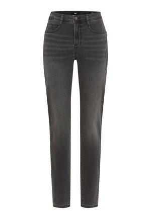 Donkergrijze denim jeans met een slim fit, voorzien van vijf zakken, een ritssluiting en subtiele wasdetails over de stof voor textuur.