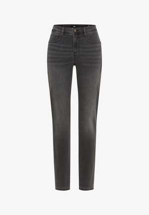 Jeans in denim grigio scuro con una vestibilità slim, dotati di cinque tasche, patta con zip e dettagli di lavaggio delicato su tutto il tessuto per texture.