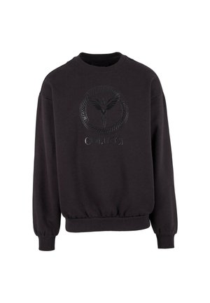 Schwarzer Sweatshirt mit langen Ärmeln, gerippten Bündchen und Saum, der auf der Vorderseite eine glanzvolle, geprägte Figur mit Flügeln und den Text "Colucci" zeigt.