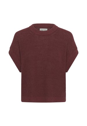 Gebreide trui met korte mouwen in donker bordeauxrood, met een ronde halslijn en geribde zoom en manchetten.