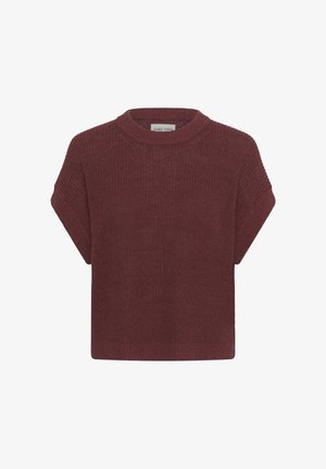 Pull en maille à manches courtes de couleur bordeaux foncé avec un col rond et un ourlet ainsi que des poignets côtelés.