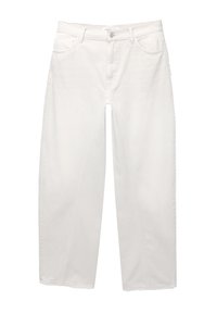Pantalon large en denim blanc avec taille haute, cinq poches et ourlet brut. Présente des détails de couture subtils et une braguette zippée.