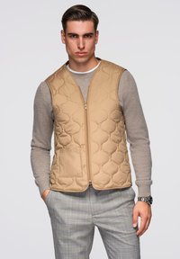 Beige tikattu liivi, jossa vetoketjulla etuosassa, pyöreä kaulus ja vasen tasku. Päällä vaaleanharmaa neulepaita ja ruudulliset housut.